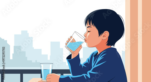 Young boy enjoys a refreshing glass of clean water while looking out at a soft city skyline background during a bright day.
