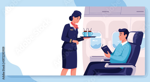 Professional flight attendant serves hot drinks to a male passenger reading a book in his seat during a comfortable airplane flight.