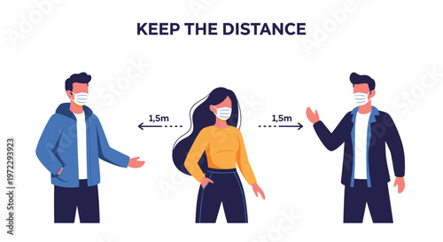 Group of people maintains safe social distancing of one point five meters while wearing protective face masks in a public area.