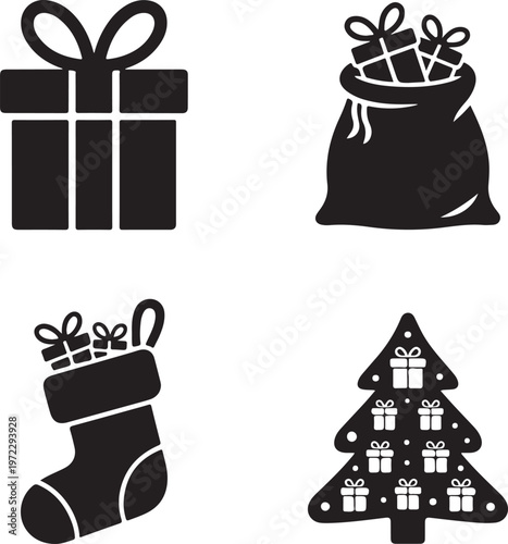 Holiday icons featuring gift-related symbols and festive imagery