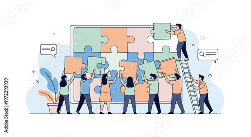 Team of workers collaborates to solve a giant jigsaw puzzle together as they place large pieces onto a whiteboard in an office.