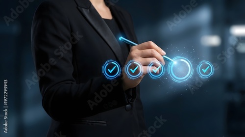Person using a digital pen to select options on a glowing blue interface with checkmarks.