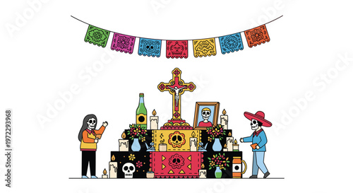Traditional day of the dead altar features skeletons, candles, marigold flowers, photos, and colorful papel picado decorations.