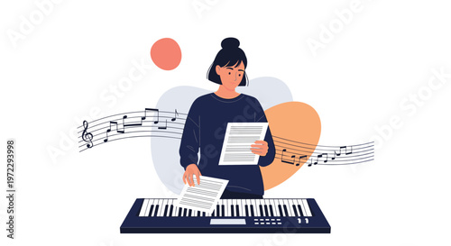 Talented woman practices music on a digital keyboard while looking at sheet music with floating musical notes in the background.
