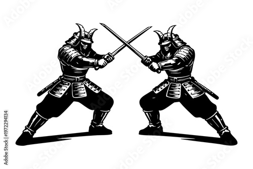 Two samurai warriors facing each other in a duel stance