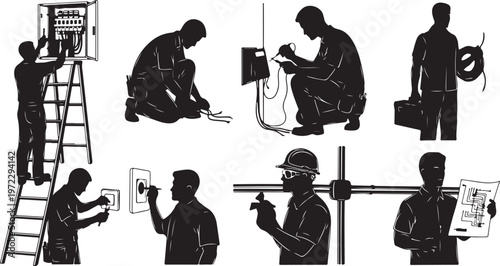 Silhouette of a man working on various electrical projects and tasks