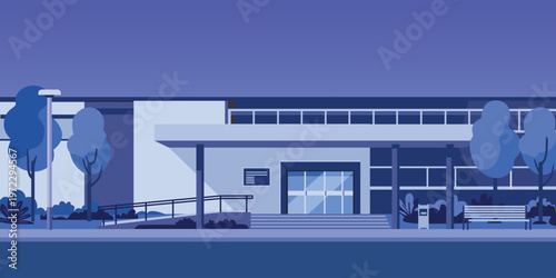 Modern Building Entrance with Accessibility Ramp Flat Illustration. Hospital or Clinic Exterior at Night. Medical Clinic at Night Scene
