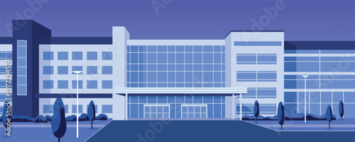 Modern Hospital Building Exterior Flat Illustration. Modern Hospital Lab at Night Scene. Hospital Laboratory at Night