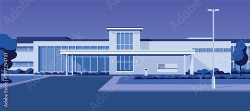 Modern Office Building Exterior Illustration at Night. Hospital night building. Hospital Lab Interior Under Night Lighting. Healthcare Laboratory Night Environment