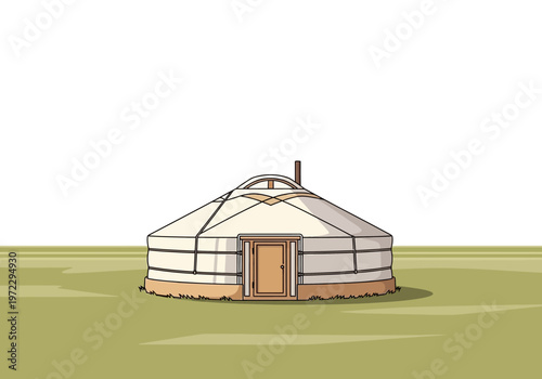 Illustrated Yurt on Green Field: Traditional Nomadic Dwelling with Wooden Door and Chimney