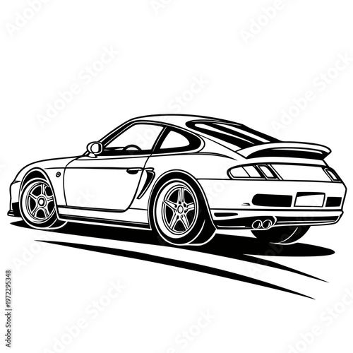 Vector sports car illustration, black and white, rear view, Porsche style, racing car design