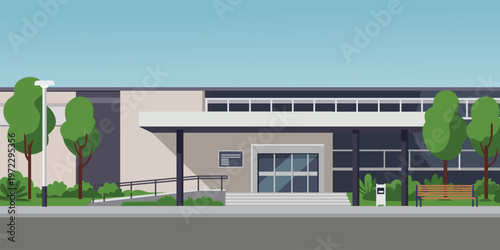 Modern Building Exterior with Entrance and Accessibility Ramp. Office building. Office lobby. School lobby. Classroom facade.