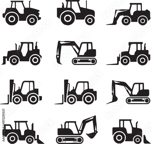 Diverse collection of heavy construction machinery icons in black and white