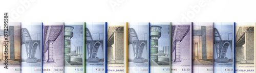 Danish krone currency banknotes standing in a row