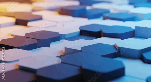 Abstract composition of layered hexagonal shapes in varying shades of blue and purple gradient Vector