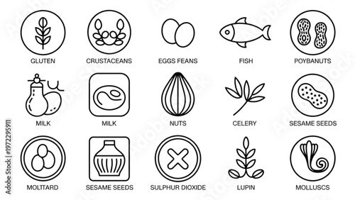 Simple Allergen Warning Badge Icon Set  14 Food Intolerance Labels in English Outline Style