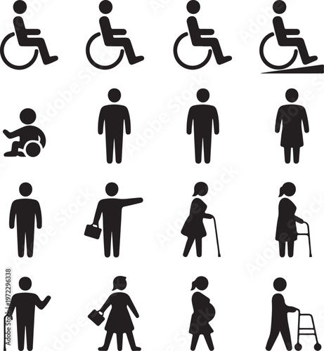 Diverse icons representing people with various mobility needs and accessibility symbols