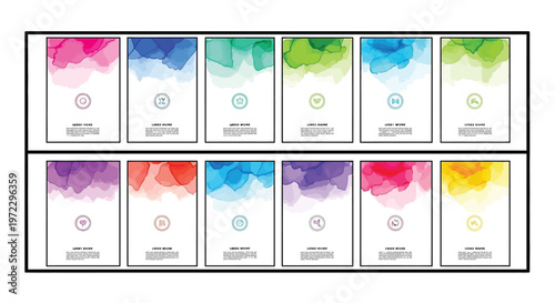 A collection of twelve rectangular cards featuring distinct abstract colorful watercolor designs Vector