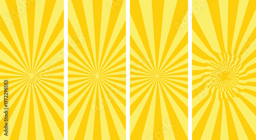 Four vertical panels displaying a vibrant yellow sunburst pattern with radiating light beam rays Vector