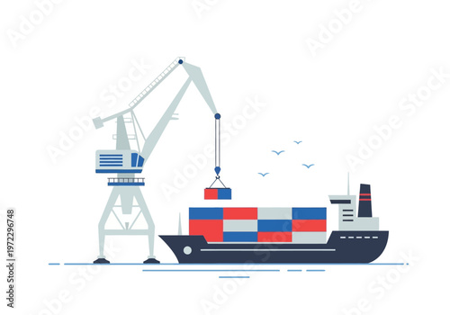 Container Ship Being Loaded by Crane.