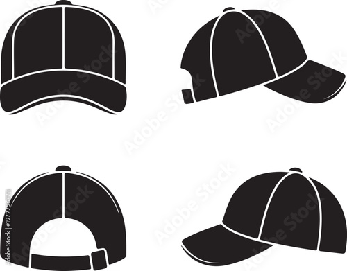 Four distinct styles of black baseball caps in silhouette view