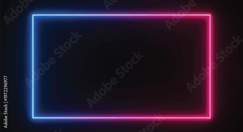 A vibrant rectangular neon light frame with glowing blue and pink edges on a dark black background Vector