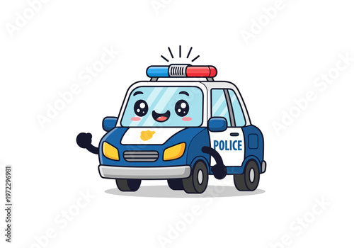 Cartoon Police Car Character with Lights.