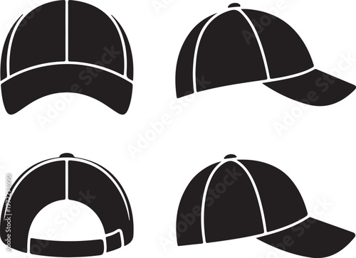 Four distinct styles of black baseball caps with white stitching details