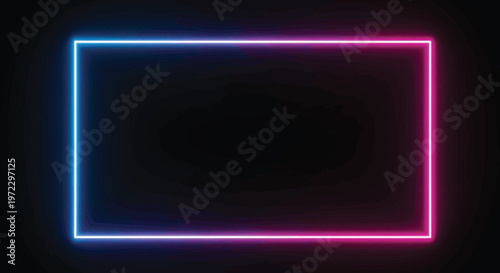 A rectangular frame featuring a vibrant gradient of blue and pink neon light glowing on black Vector