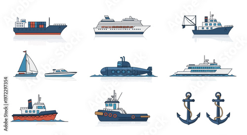 Collection of Various Ships and Anchors Illustration.