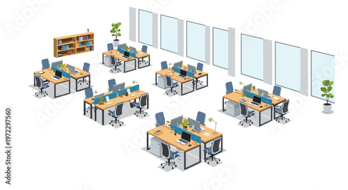 An expansive open-plan isometric office layout shows multiple clusters of workstations, large windows, a tall bookshelf, and several green potted plants.