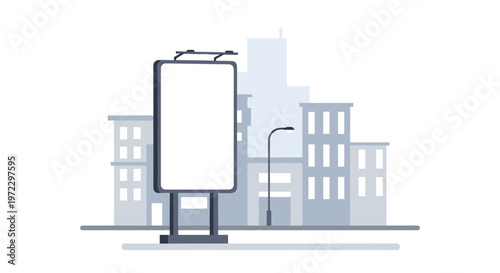 An offset vertical billboard featuring a slim dark frame and a single street lamp post stands positioned against a pale blue city skyline background.