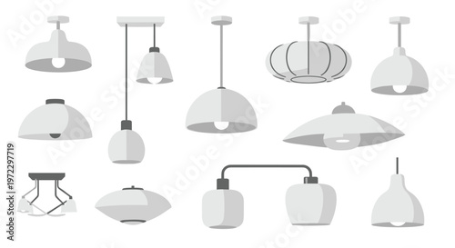 A comprehensive collection of twelve distinct ceiling and pendant light fixtures featuring various shades of gray and white is displayed in a neat grid.