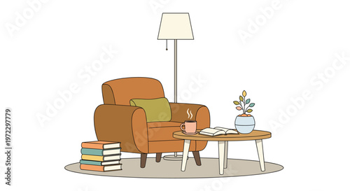 A cozy interior scene features a plush brown armchair with a green pillow next to a wooden coffee table holding a steaming mug and a stack of books.
