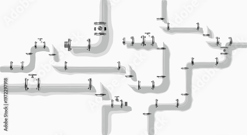 A complex network of interconnected industrial gray pipes with multiple circular control valves and bolted flange joints sits against a white backdrop.