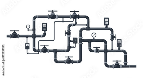 A complex and intricate network of dark gray industrial pipes features multiple manual valves and precise pressure gauges against a clean white background.