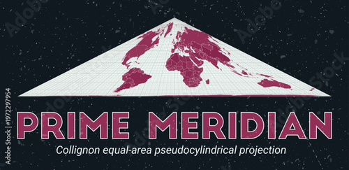 Prime Meridian. World map. Collignon equal-area pseudocylindrical projection centered to Prime Meridian. Pale Mint Dark Pink palette. Vintage texture. Artistic vector illustration.