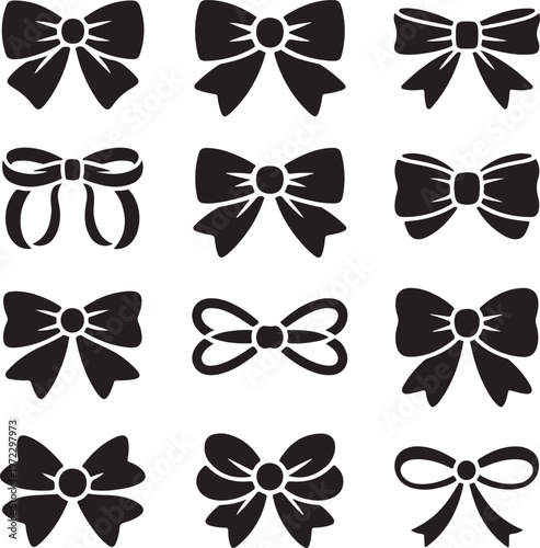 Twelve stylish variations of black and white decorative bows in different designs