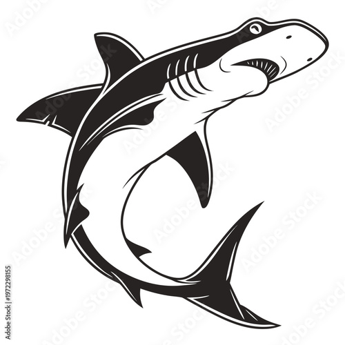 Vintage shark vector illustration, black and white nautical predator mascot, aggressive sea creature emblem for apparel and logo design