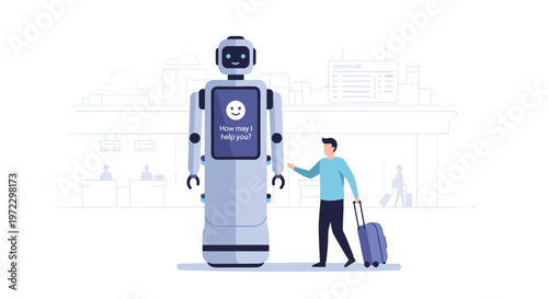 A sophisticated service robot with a digital interface screen assists a male traveler carrying a blue suitcase within a minimalist white airport terminal.