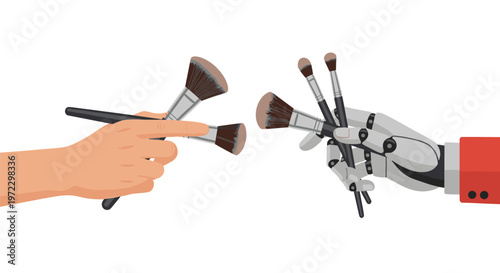 A human hand and a grey robotic hand hold several professional makeup brushes together against a plain white background in a modern flat illustration.