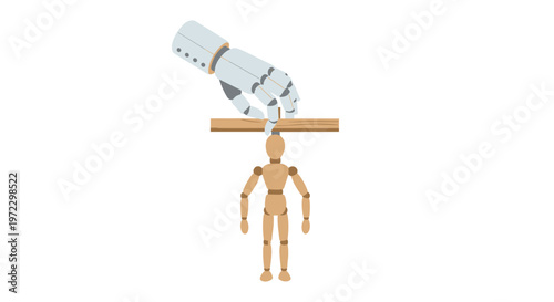 A detailed robotic hand meticulously controls a classic wooden artist mannequin figure using a traditional marionette crossbar and thin black strings.