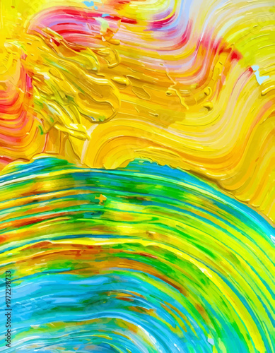 Abstract oil painting with curvy brushstrokes depicting yellow sunlight over green grass intertwined with bright flowers and cyan waves; vector background for uplifting spring and summer designs.