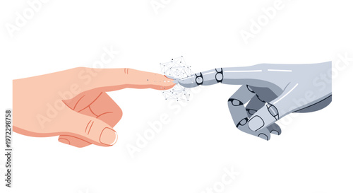 A soft human finger and a sleek gray robotic finger make contact at the tips while generating a complex geometric network of white nodes and lines.