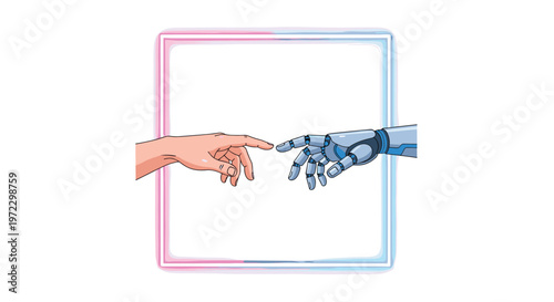 A realistic human hand and a detailed robotic hand reach toward each other inside a glowing square frame featuring vibrant pink and blue neon gradients.