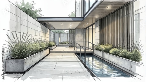 Modern architectural sketch depicts a serene promenade. Concrete paths lead alongside a tranquil pond.