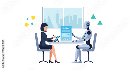 A business woman and a silver robot sit together at a modern desk to review a blue contract document amidst vibrant floating geometric background shapes.