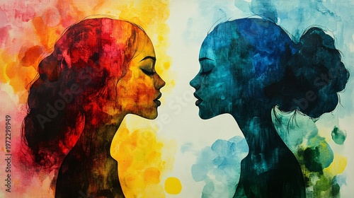 Two women in profile face each other with colorful watercolor designs on their faces representing learning a new language and enhancing communication skills in a creative and artistic way.