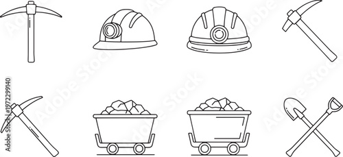 Set of mining tools and equipment vector illustration including pickaxes, hard hats, and mining carts filled with coal.