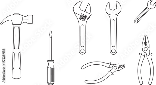 Set of mechanic tools vector illustration including a hammer, screwdriver, adjustable wrench, open-end wrench, and pliers.